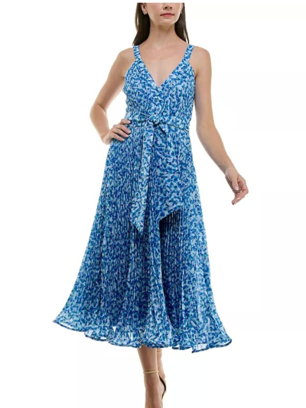 Taylor Sleeveless Pleated V-Neck Fit & Flare Blue Print Midi Dress - 10